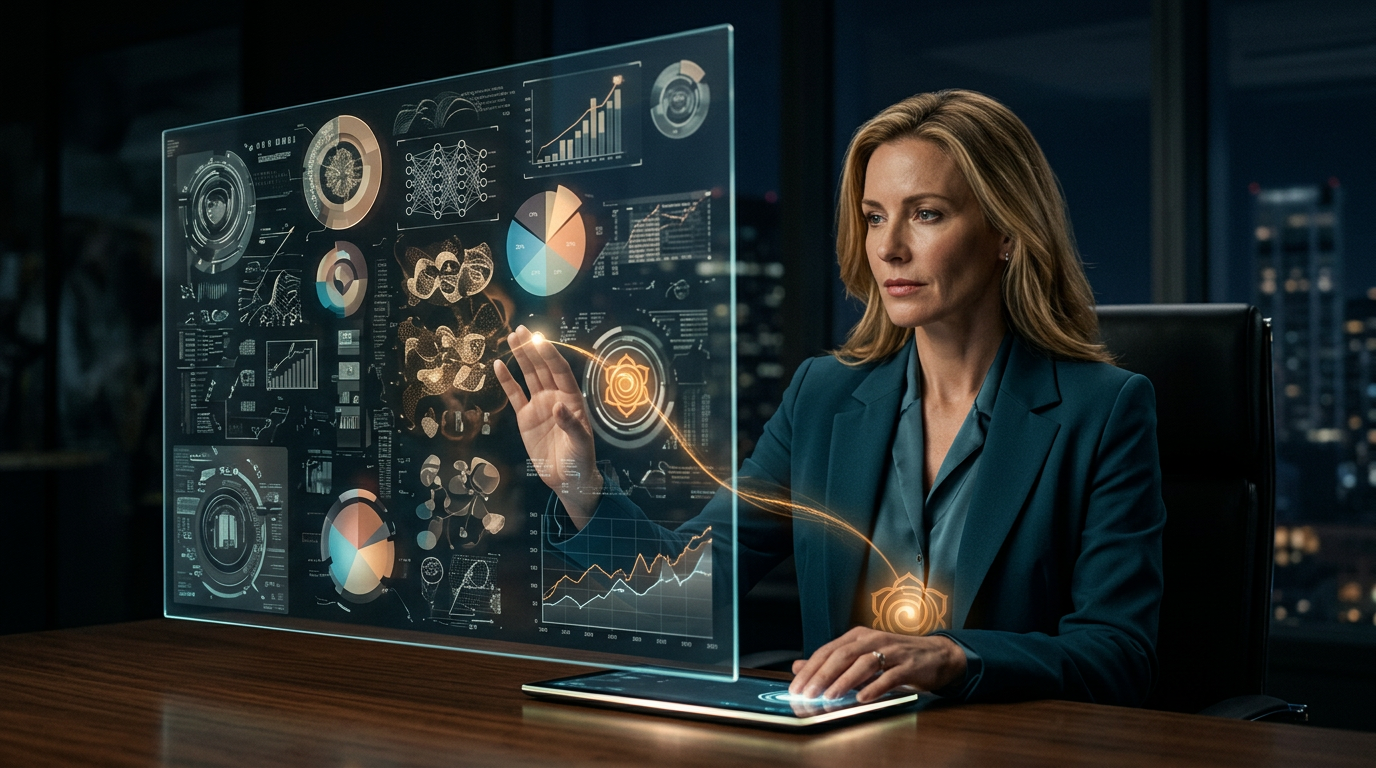 Mano appoggiata sull'addome con luce calda e schermi sfocati sullo sfondo che rappresentano strumenti digitali